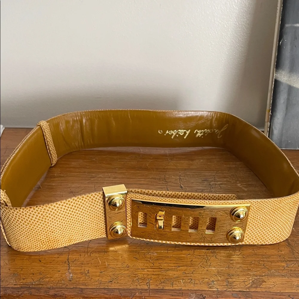 Judith Lieber Gold and Tan leather Belt with Buckle
